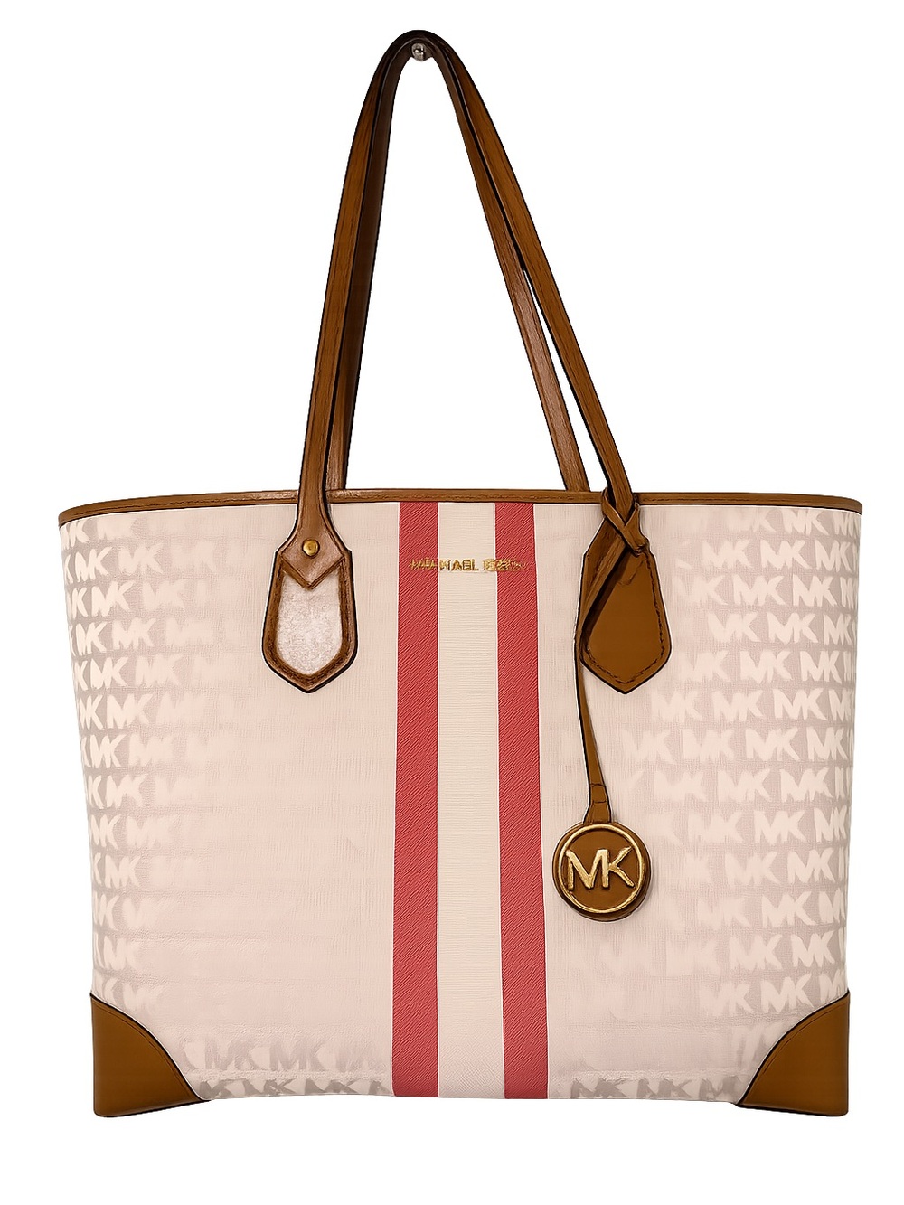 Michael Kors Pink and Tan Stripe Logo Tote